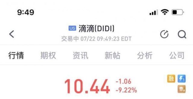 滴滴股价跳水 一度跌超9％