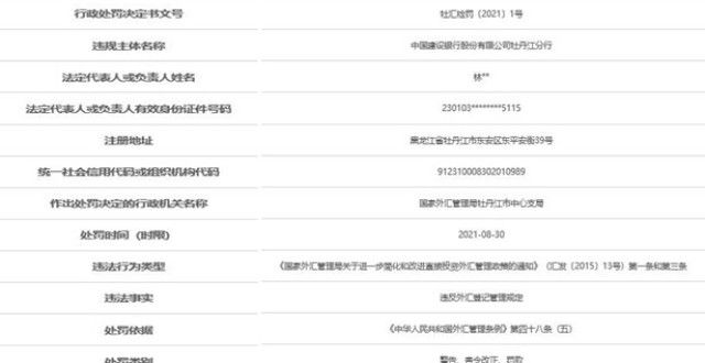 银行牡丹江分行被罚 违反外汇登记管理规定