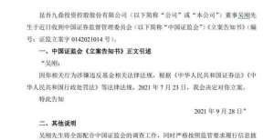 亿地皮九鼎投资董事吴刚被立案，此前已被股转系统公开谴责搞矿泉