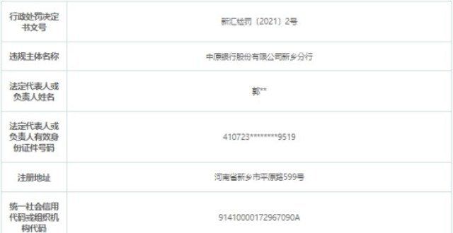 松货币政策中原银行新乡分行违法被罚 未按照规定提交有效单证日本央