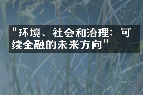 "环境、社会和治理：可持续金融的未来方向"