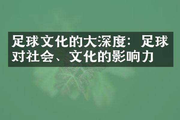 足球文化的大深度：足球对社会、文化的影响力